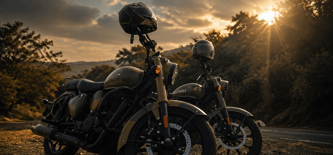 Silhouette by a motorcycle at dusk